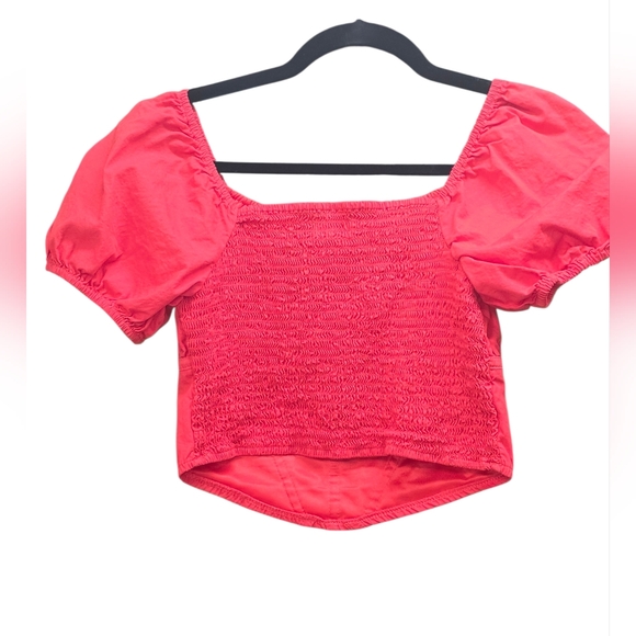 Japna Red Smocked Peasant Crop Top Puff Sleeve Medium 100% Cotton Boho Festival - Picture 2 of 4